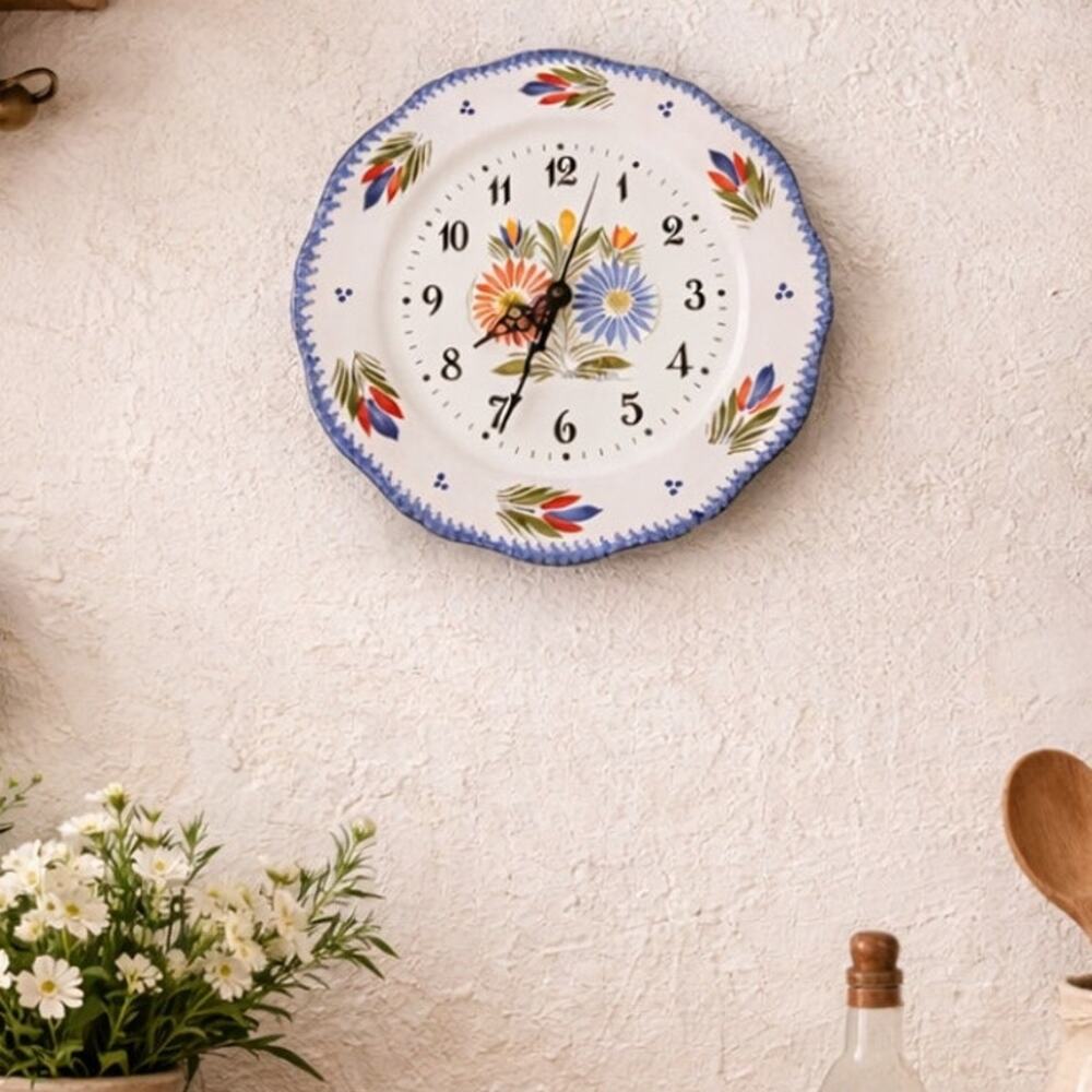 Henriot Quimper Hand Painted Faience Pottery Wall Clock Fleuri Pattern Signed